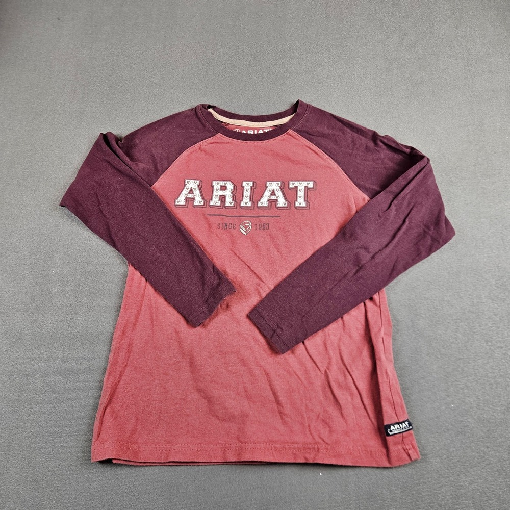 Ariat Youth Boys M 10 Long Sleeve Raglan Baseball Tee Burgundy Red Graphic Shirt